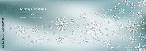 Vector realistic transparent wave of snowy wind with glass snowflakes. Sparkling translucent crystals border