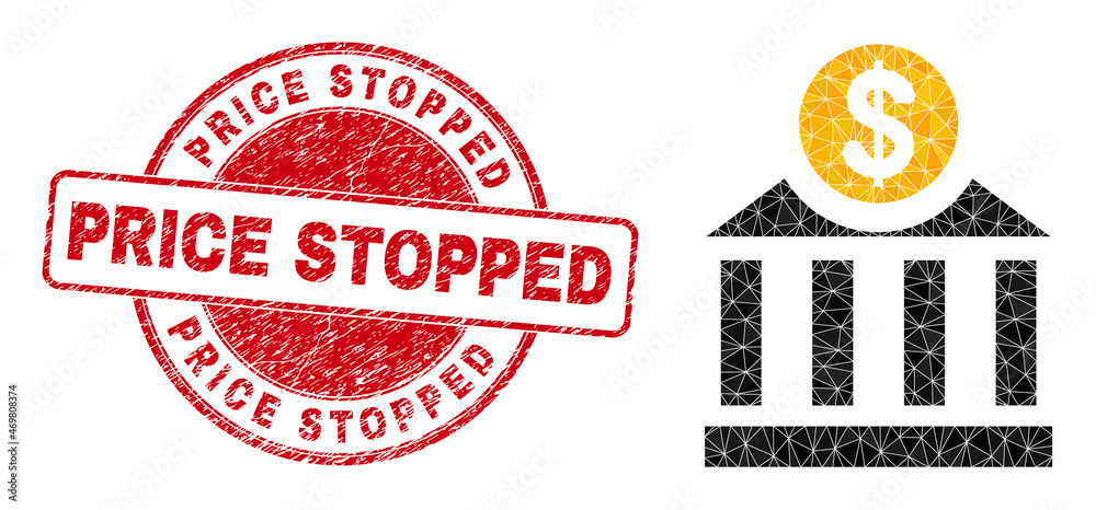 Low-Poly polygonal dollar bank icon illustration with PRICE STOPPED dirty seal print. Red stamp seal contains Price Stopped text inside round it. Dollar bank icon filled with triangles. Low-Poly polygonal dollar bank icon illustration with PRICE STOPPED dirty seal print. Red stamp seal contains Price Stopped text inside round it. Dollar bank icon filled with triangles.