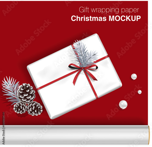 Vector gift wrapping paper rolls mock up, box with bow and Christmas decoration on light background. Template for your design with transparent shadows. 