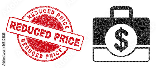 Low-Poly triangulated business case 2d illustration with Reduced Price scratched seal print. Red seal includes Reduced Price text inside round shape. Business case icon is filled using triangles.