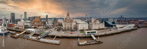 Beautiful aerial panoramic view of the Liverpool city skyline view near the sea. Liverpool waterfront scene.