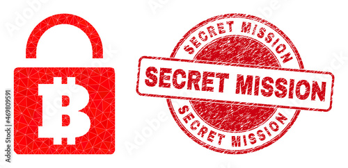 Low-Poly polygonal bitcoin lock 2d illustration, and Secret Mission scratched stamp. Red stamp contains Secret Mission tag inside circle it. Bitcoin lock icon is filled with triangle mosaic.