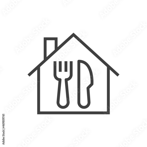 Comida para llevar. Logotipo con silueta de casa con tenedor y cuchillo con líneas en color gris