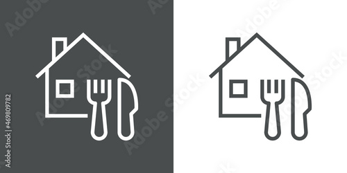 Comida para llevar. Logotipo con silueta de casa con tenedor y cuchillo con líneas en fondo gris y fondo blanco