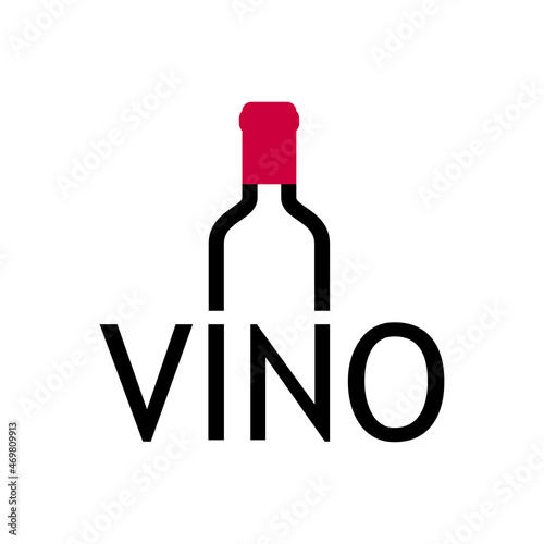 Banner con texto Vino en español con forma de silueta de botella de vino con líneas en color negro y granate