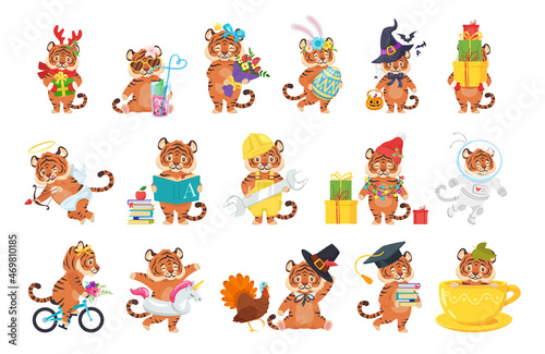 Vector cartoon style set of tiger characters