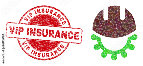 Low-Poly polygonal development helmet symbol illustration, and VIP INSURANCE unclean stamp seal. Red stamp includes Vip Insurance tag inside circle shape.