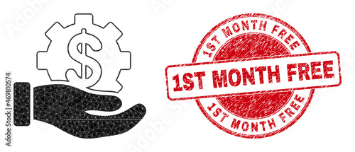 Low-Poly polygonal bank service hand icon illustration with 1ST MONTH FREE unclean seal. Red stamp seal contains 1St Month Free caption inside round form.