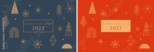 Simple Christmas background, elegant geometric minimalist style. Happy new year banner. Snowflakes, decorations and Xmas trees elements. Retro clean concept design