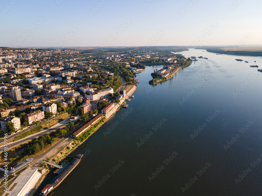 Aerial view of Danube River and City of Ruse, Bulgaria