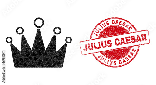 Low-Poly triangulated crown 2d illustration with Julius Caesar rubber stamp. Red stamp includes Julius Caesar caption inside round form. Crown icon is filled with triangles.