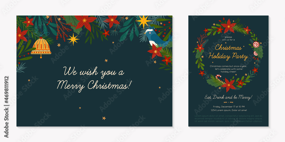 Naklejka premium Christmas and Happy New Year greeting banner and party invitation.Festive vector layouts with hand drawn traditional winter holiday symbols.Xmas designs for banners,invitations,prints,social media.