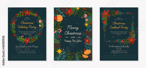 Christmas and Happy New Year greeting banner and party invitations.Festive vector layouts with hand drawn traditional winter holiday symbols.Xmas designs for banners,invitations,prints,social media.