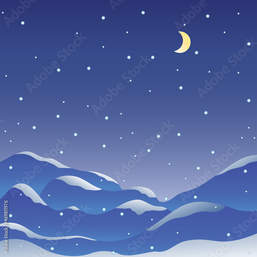 Navy blue Starry Night Sky or falling Snow and moon and mountains, beautiful Winter-time landscape background for your text or any Winter design. Vector illustration. © Katerina Era