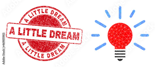 Low-Poly polygonal bulb light icon illustration with A Little Dream dirty stamp seal. Red stamp seal has A Little Dream text inside circle shape. Bulb light icon is filled using triangles.
