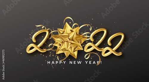 New Year party typography poster with 2022 gold realistic inscription, gift bow, golden tinsel and golden confetti on a black background. Vector illustration