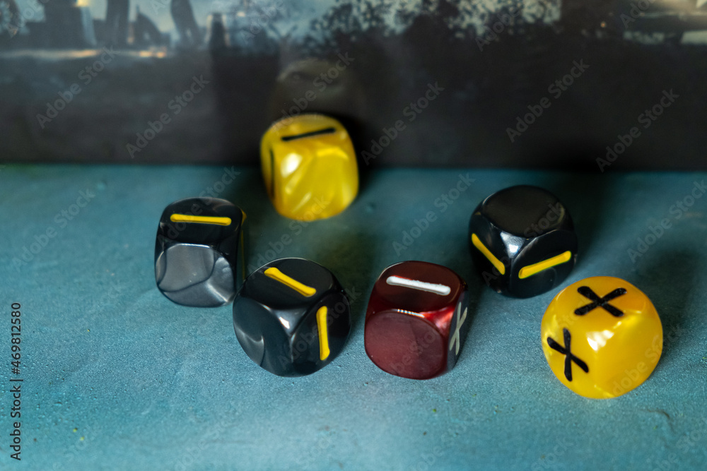 Six sides dices for role-playing. Selective focus. Game board concept.