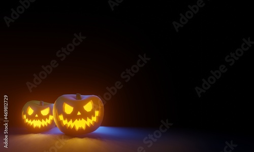 3D render illustration - two glowing halloween pumpkins on a dark background with copy space