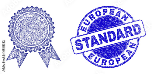 Hatched irregular mesh certificate seal icon, and European Standard dirty round stamp. Abstract lines form certificate seal picture. Blue stamp seal has European Standard tag inside round form.
