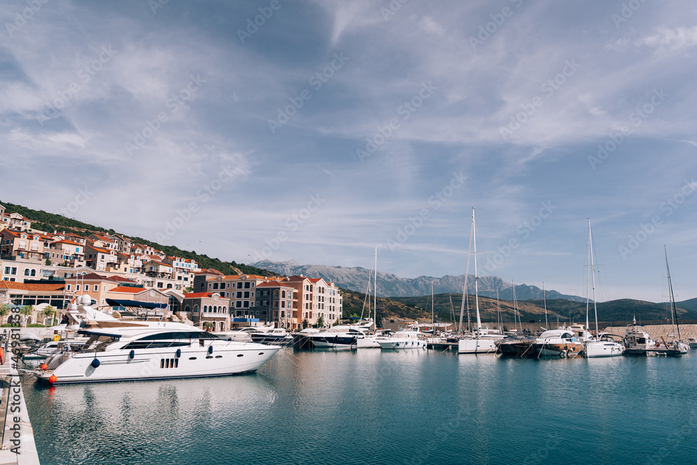 Luxurious yachts at the dock of Lustica Bay. Montenegro