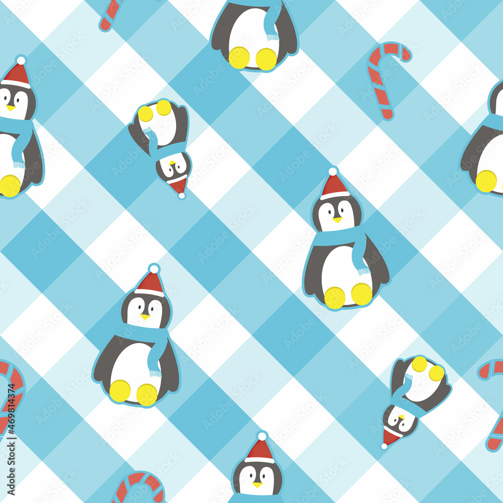 Naklejka premium cute penguin in blue and white check pattern for print or fabric