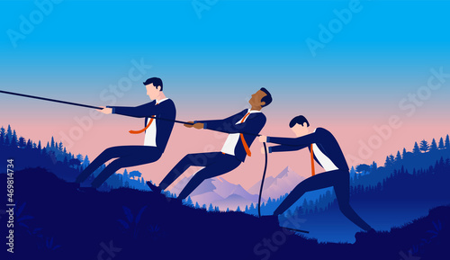 Business teamwork strength - Team of businesspeople pulling rope and working hard together. Struggle and determination concept, vector illustration