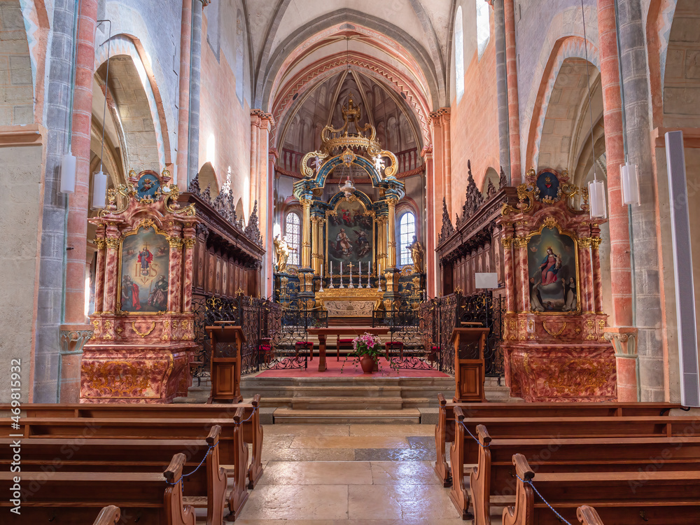 Saint Ursanne, Switzerland - October 19, 2021: Interior of collegiate church of Saint-Ursanne in a swiss canton Jura.