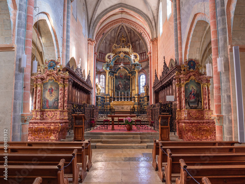 Saint Ursanne, Switzerland - October 19, 2021: Interior of collegiate church of Saint-Ursanne in a swiss canton Jura. © Taljat
