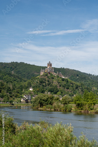 View on Mosel river, hills with vineyards and castle in old town Cochem, Germany, Germany