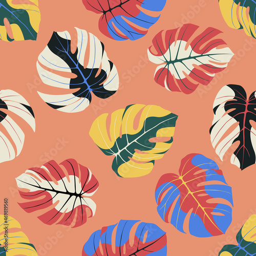 Seamless monstera leafs pattern. Tropical leaves graphic elements