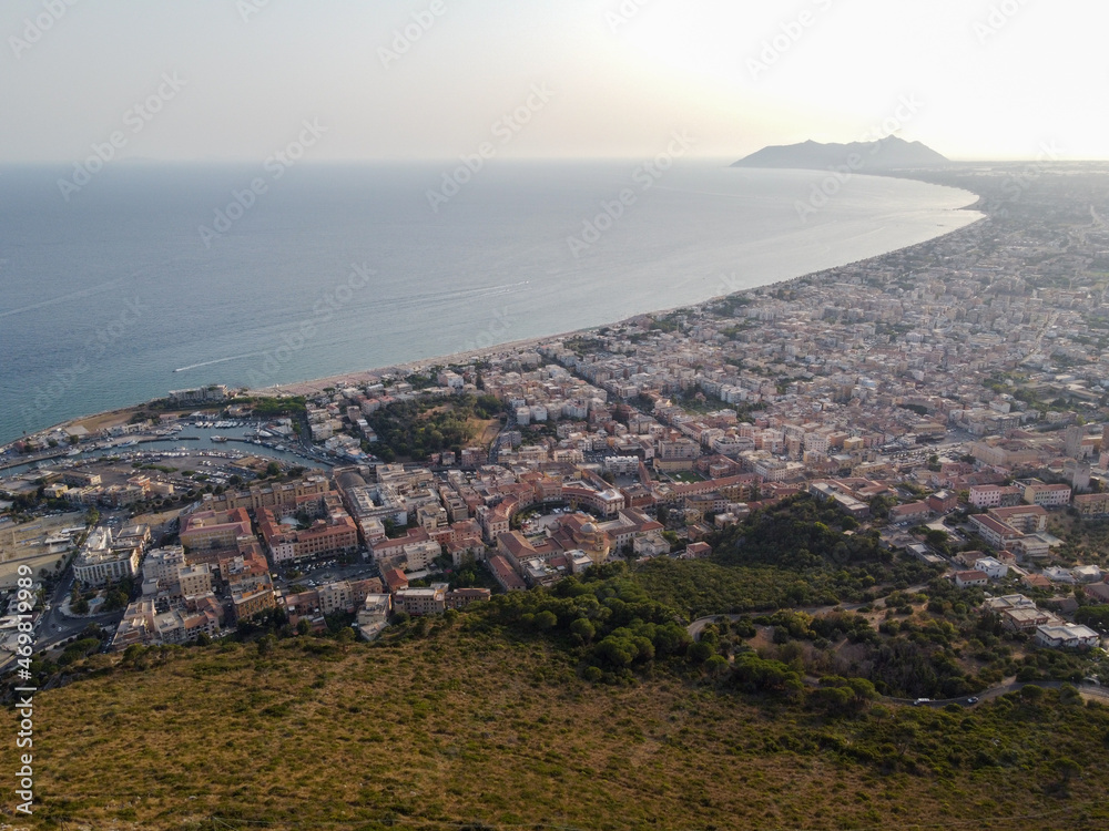 Aerial view on Terracina, mountains and  Tyrrhenian Sea bay, ancient Italian city in province Latina