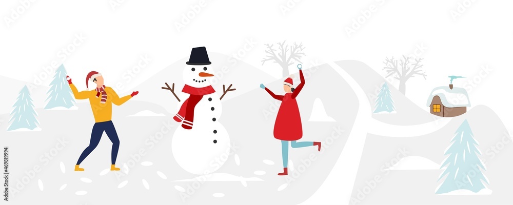 Winter activities concept. Young people throw snowballs and throw snowballs, enjoying the falling snow and winter nature against the backdrop of a country landscape. Vector.