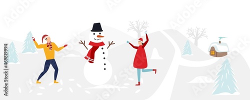 Winter activities concept. Young people throw snowballs and throw snowballs, enjoying the falling snow and winter nature against the backdrop of a country landscape. Vector.