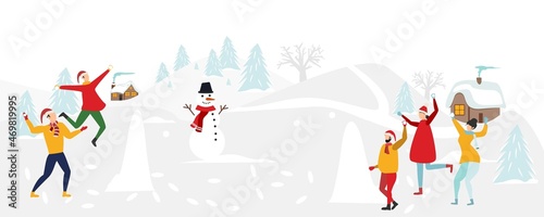 Winter activities concept. Young people throw snowballs and throw snowballs, enjoying the falling snow and winter nature against the backdrop of a country landscape. Vector.