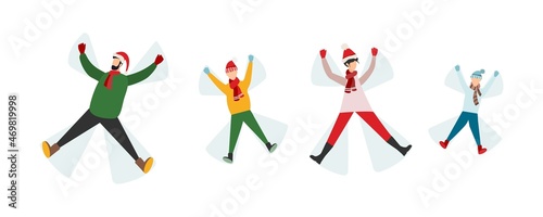 People lie in the snow, creating angels, isolated vector family in mittens and winter clothes outdoors, pastime and leisure, having fun and having fun outdoors, snow angel silhouette.