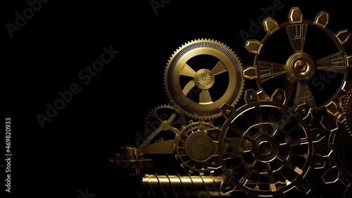 Golden clockwork mechanism, close up. Precision engineering, concept. Digital 3D rendering. photo