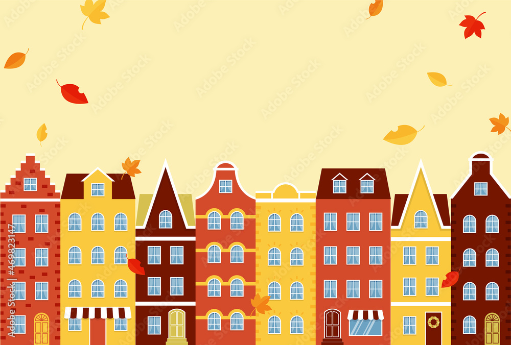 vector background with autumn landscape with houses and autumn leaves for banners, cards, flyers, social media wallpapers, etc.