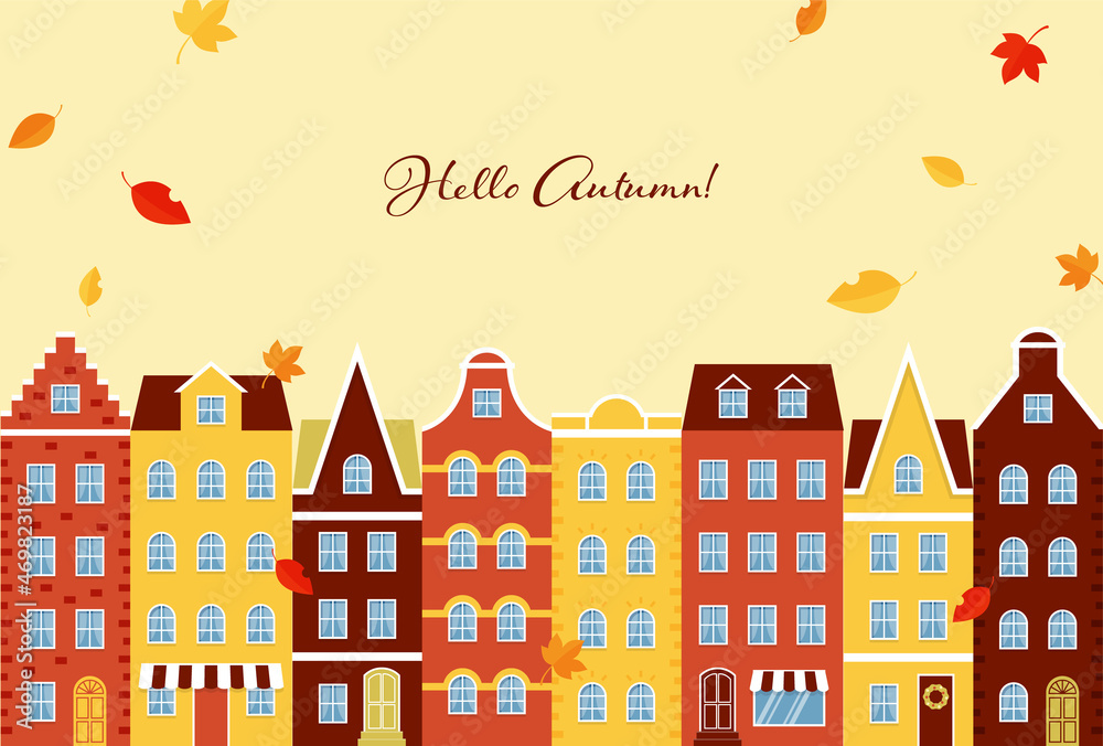 vector background with autumn landscape with houses and autumn leaves for banners, cards, flyers, social media wallpapers, etc.