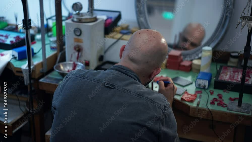 Back view focused jeweller working with tools in slow motion reflecting in mirror on table in workshop. Concentrated skilled Caucasian bald bearded man repairing creating accessories indoors Back view focused jeweller working with tools in slow motion reflecting in mirror on table in workshop. Concentrated skilled Caucasian bald bearded man repairing creating accessories indoors