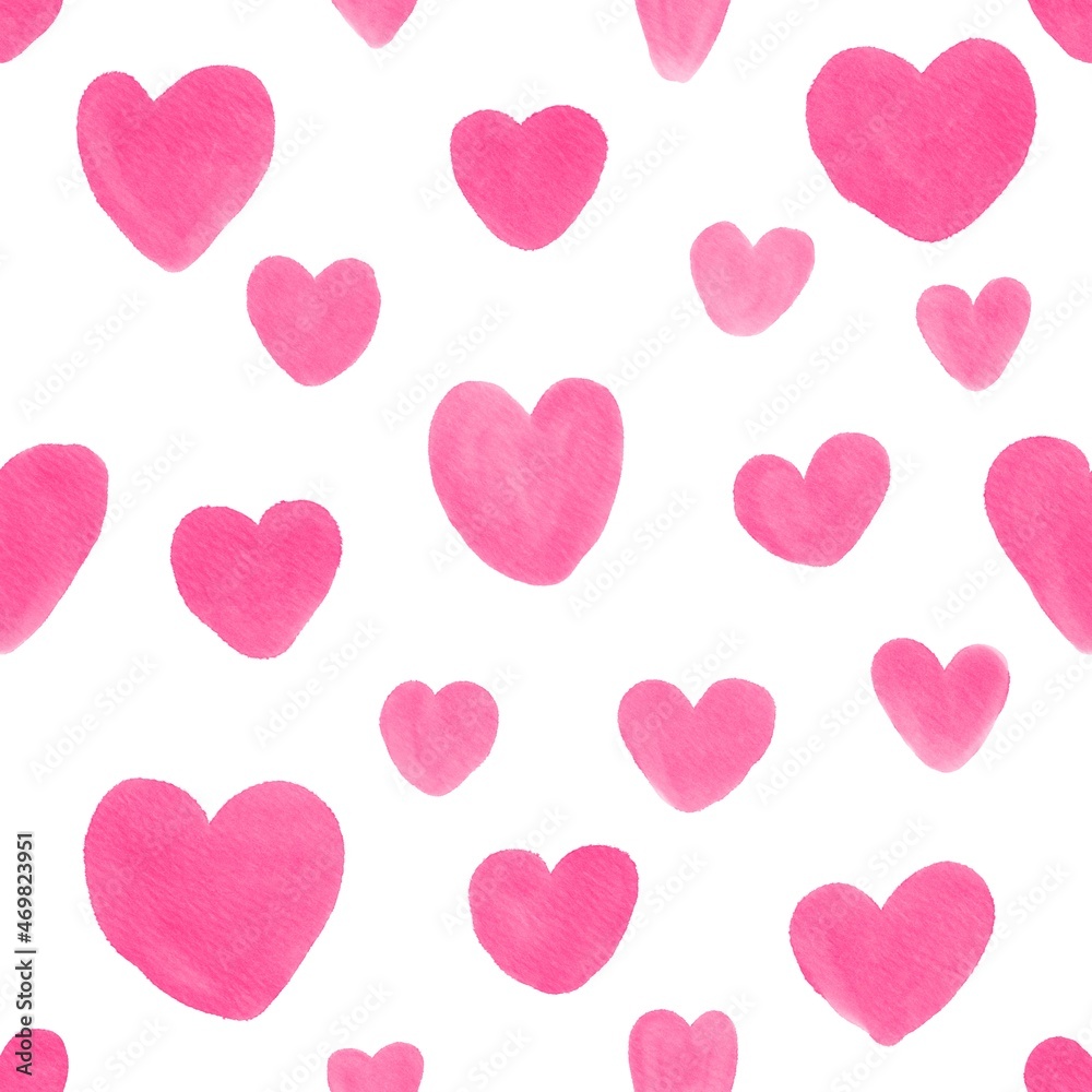 Seamless pattern with pink watercolor hearts. Illustration for valentine's day.