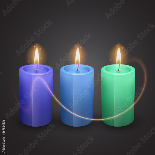 Realistic paraffin or wax burning party candle and different flame of a candle icon set closeup isolated on transparency grid background. Design template, Vector format