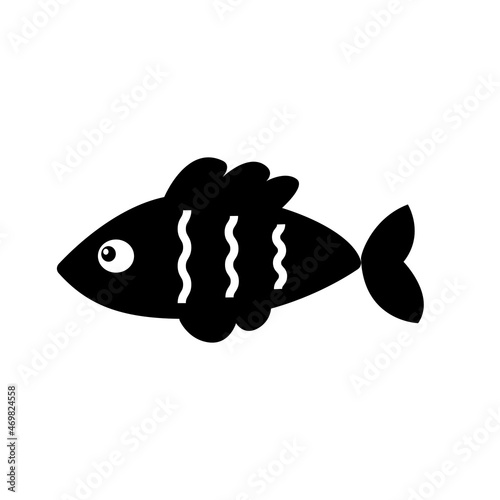 Black and white tropical cartoon fish silhouette in flat doodle style vector isolated on white. Aquarium tank fish. Tropic sea life. Underwater design element clipart. Pet store icon or logo.