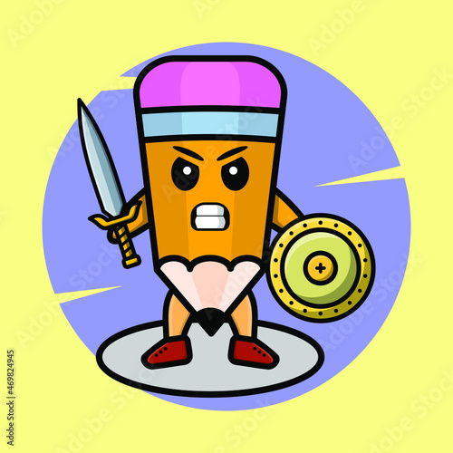 Cartoon pencil mascot holding sword and shield in cute style for t-shirt, sticker, logo element