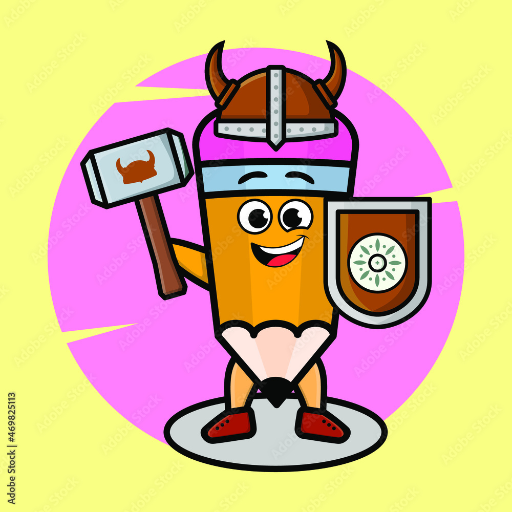 Pencil viking pirate character cartoon with hat and holding hammer and shield in cute style design for t-shirt, sticker, logo element, poster
