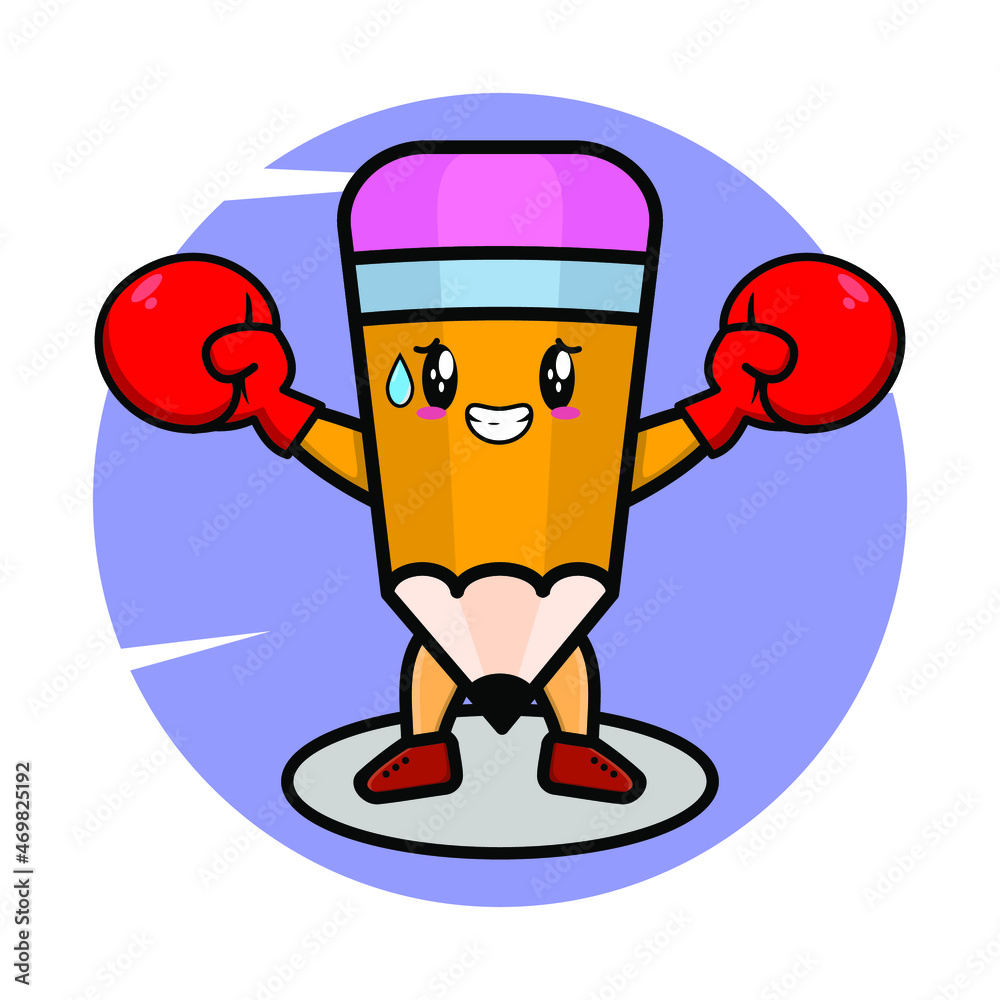 Pencil mascot cartoon playing sport with boxing gloves and cute stylish design for t-shirt, sticker, logo elements