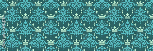 Beautiful background pattern with richly decorated floral ornaments in blue-green tones for your design. Seamless background for wallpaper, textures. 