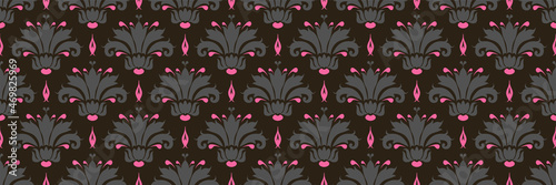 Beautiful background pattern with floral elements of gray and pink colors on a black background for your design. Seamless background for wallpaper, textures