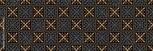 Tiled background pattern with geometric ornament gold and gray elements on a black background for your design. Seamless background for wallpaper, textures.