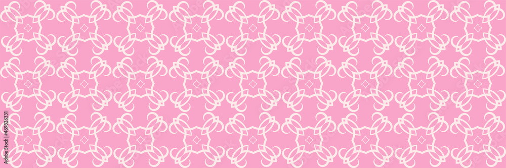 Beautiful background pattern with white decorative ornament on pink background. Wallpaper, textile design texture.