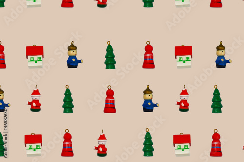 christmas or new year wooden decoration flat lay, eco friendly toys and zero waste concept, miniature small house, man, christmas tree, counting matarial for kids, festive holidays background